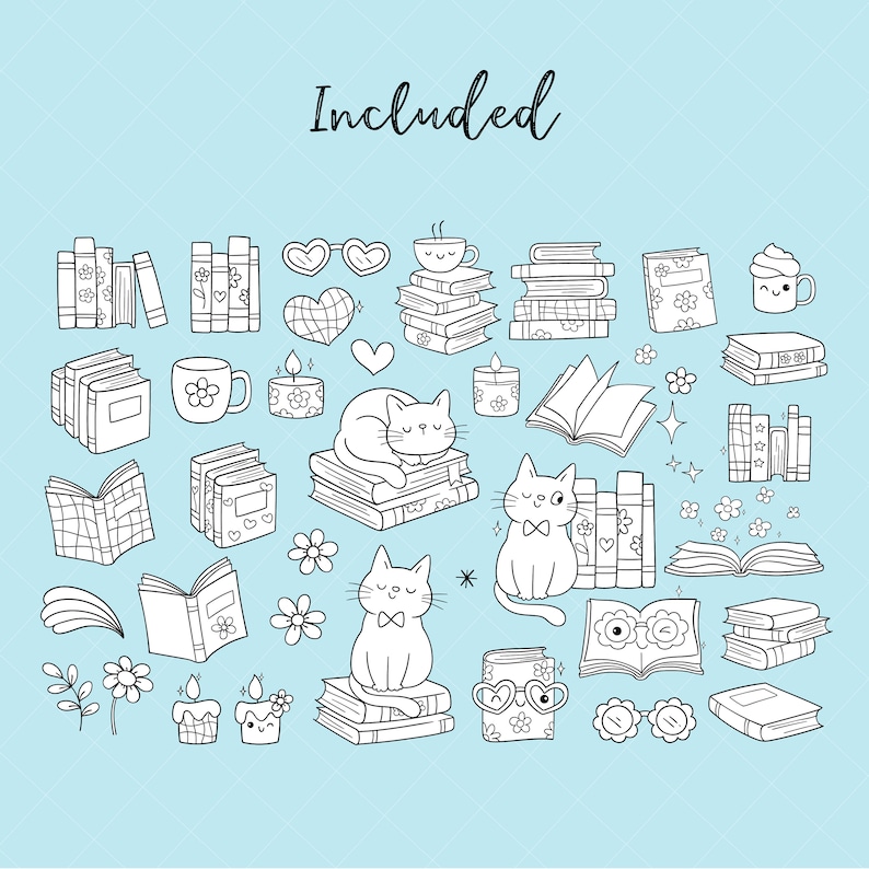 May include: Black and white line art illustration of a book-themed design with cats, books, candles, and other cute elements. The text "Included" is at the top of the image.