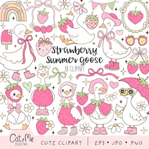 Könnte beinhalten: Ein Set mit 38 digitalen Clipart-Bildern mit niedlichen Cartoon-Gänsen, die in Erdbeerkostüme gekleidet sind. Die Gänse tragen rosa Hüte, Schleifen und Stiefel. Es gibt auch Bilder von Erdbeeren, Blumen und anderen sommerlichen Elementen.