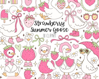 Strawberry summer goose clipart Silly goose clipart Groovy pastel summer Spring goose png Coquette strawberry flower png Summer gift png