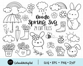 Doodle primavera svg Primavera clipart Primavera svg Doodle svg Bunny svg Woodland svg Dibujado a mano svg Flor, Arco iris, Bota, Nube, Archivo de corte del tiempo