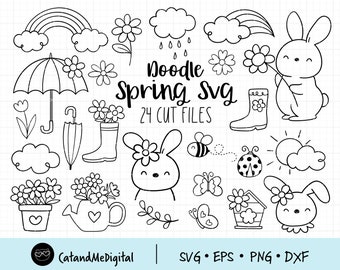 Doodle spring svg Spring clipart Spring svg Doodle svg Bunny svg Woodland svg Hand drawn svg Flower, Rainbow, Boot, Cloud, Weather cut file