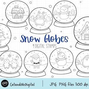 Snow globes digital stamp Snowman clipart Snow globe christmas Winter clipart Doodle stamp Christmas line art Santa Tree Snowman stamp