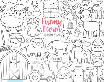 Funny farm digital stamp, Outline farm animal png, Farmhouse stamp, Doodle Goat, Cow, Pig, Sheep, Farm coloring page, Digital Download