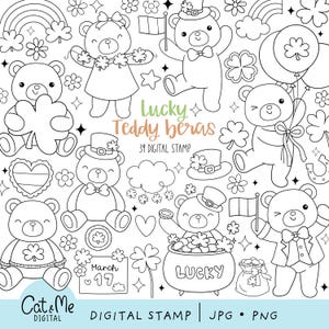 May include: Black and white digital stamp set featuring teddy bears with St. Patrick's Day themes. Includes bears with shamrocks, leprechaun hats, rainbows, and pots of gold. Text reads "Lucky Teddy Bears" and "March 17".