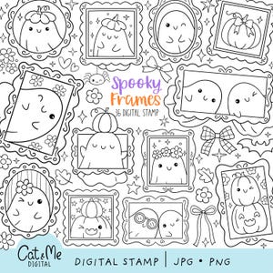 May include: Black and white digital stamps featuring various spooky frames with cute ghost and pumpkin illustrations. The text "Spooky Frames" and "36 DIGITAL STAMP" are also included. The image also includes the text "DIGITAL STAMP | JPG • PNG".