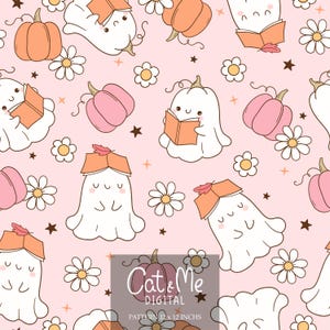 Peut inclure: Un motif sans couture représentant de jolis fantômes de dessin animé portant des chapeaux de citrouille et lisant des livres. Le motif est sur un fond rose avec des fleurs blanches et des étoiles. Le texte "Cat & Me Digital Pattern 12 x 12 inches" est en bas de l'image.