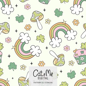 Peut inclure: Un motif sans couture avec un design fantaisiste composé d'arcs-en-ciel, de champignons, de trèfles, de cupcakes et d'étoiles sur un fond vert clair. Le motif est parfait pour les tissus, les papiers peints ou d'autres projets créatifs.