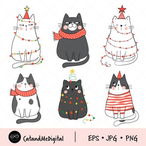 Op de afbeelding: Zes illustraties van katten gekleed in kerstversiering. De katten dragen kerstmanmutsen, sjaals en kerstverlichting. Sommige katten zijn zwart-wit, terwijl andere wit zijn met rode accenten.