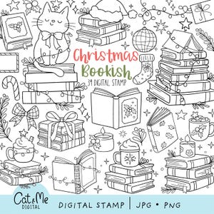 Christmas bookish digital stamp Doodle groovy bookish Cozy readers stamp Outline cozy bookish Trendy bookish stamp Book lover coloring page