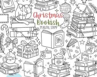 May include: A set of 39 black and white digital stamps featuring a Christmas theme with books, candles, mugs, and other festive elements. The text "Christmas Bookish" is included in the image.