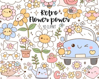 Retro Flower Clipart | Groovy Floral PNG, Daisy Art (Digital Download)