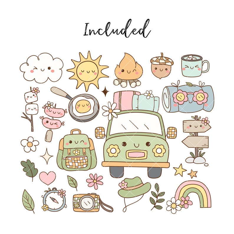 May include: A set of 20 cute camping themed illustrations, including a camper van, a campfire, a sleeping bag, a compass, a camera, a rainbow, a cloud, a sun, a heart, a backpack, a frying pan, a marshmallow, a sausage, a hot chocolate mug, a mushroom, a flower, a leaf, a star, and a sign.