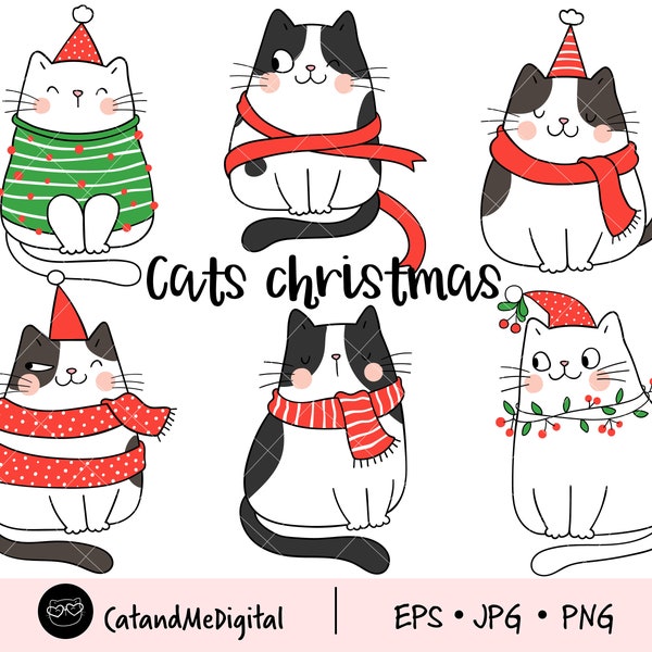 Gatos clipart de navidad Clipart de invierno Clipart Divertidos gatos Regalo de Navidad imprimible de Navidad Ilustración de gato Animal clipart PNG