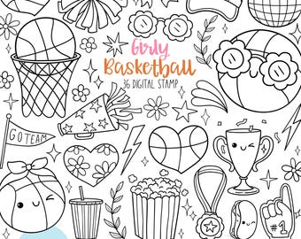 May include: A set of 36 black and white digital stamps featuring girly basketball themed illustrations. The illustrations include a basketball hoop, basketballs, cheerleaders, popcorn, a trophy, a medal, and more.