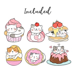 K&ouml;nnte beinhalten: Sechs Illustrationen von s&uuml;&szlig;en Katzen in verschiedenen Backwaren. Die Katzen sind wei&szlig; mit schwarzen Augen und Nasen. Die Backwaren umfassen einen Cupcake, einen Donut, einen Pfannkuchenstapel, einen Kuchen und ein Ei. Die Illustrationen sind im Cartoon-Stil gehalten und eignen sich perfekt f&uuml;r die Verwendung in einer Vielzahl von Projekten.