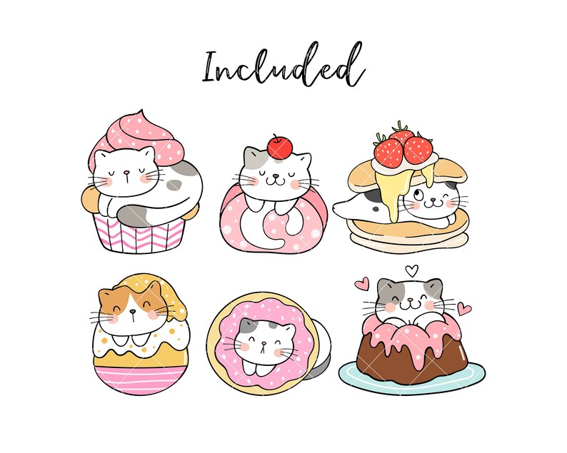 K&ouml;nnte beinhalten: Sechs Illustrationen von s&uuml;&szlig;en Katzen in verschiedenen Backwaren. Die Katzen sind wei&szlig; mit schwarzen Augen und Nasen. Die Backwaren umfassen einen Cupcake, einen Donut, einen Pfannkuchenstapel, einen Kuchen und ein Ei. Die Illustrationen sind im Cartoon-Stil gehalten und eignen sich perfekt f&uuml;r die Verwendung in einer Vielzahl von Projekten.