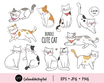 Clipart bundle cute cat Cat digital download Cute cat clipart Kawaii kittens Illustration cat Lover cat Pet illustration PNG JPG EPS