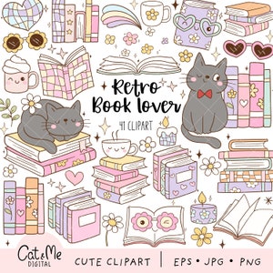 Miłośnik książek retro clipart Groovy disco book clipart Modny książkowy clipart Zabytkowe książki png Przytulne czytanie Kwiatowa książka png Prezent dla miłośnika książek