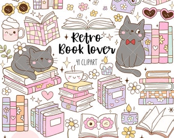 Retro book lover clipart Groovy disco book clipart Trendy bookish clipart Vintage books png Cozy reading Flower book png Book lover gift