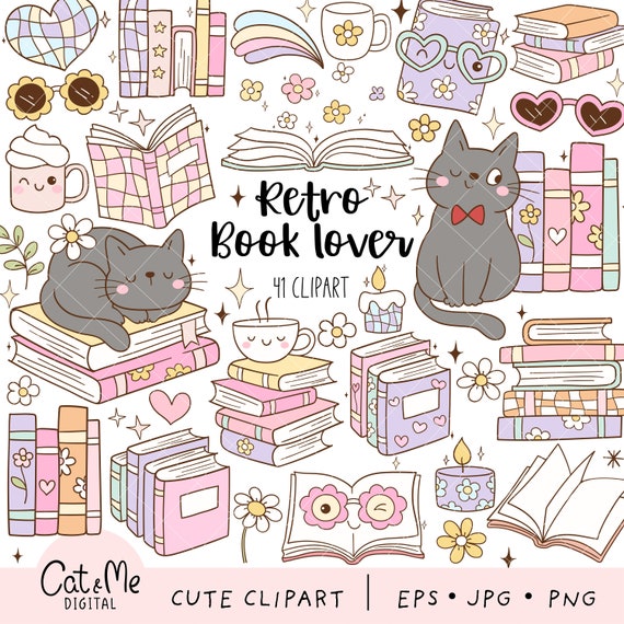 Retro book lover clipart Groovy disco book clipart Trendy bookish clipart Vintage books png Cozy reading Flower book png Book lover gift