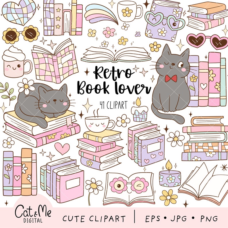May include: A set of 41 retro book lover clip art illustrations featuring cats, books, coffee cups, flowers, and stars. The illustrations are in a pastel color palette and have a whimsical, vintage style.