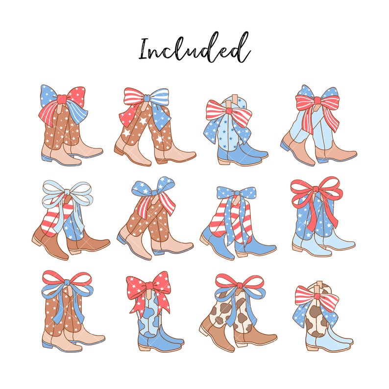 Pode incluir: Conjunto de 12 ilustra&ccedil;&otilde;es digitais de botas de cowboy com la&ccedil;os vermelho, branco e azul. As botas s&atilde;o de v&aacute;rias cores e padr&otilde;es, incluindo marrom, azul e branco.