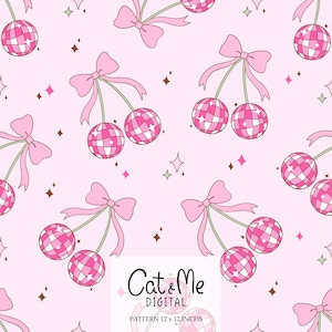 Könnte beinhalten: Ein nahtloses Muster in Rosa und Weiß mit rosa Discokugeln mit Schleifen auf rosa Hintergrund. Das Muster ist 12 Zoll mal 12 Zoll groß und enthält den Text "Cat & Me Digital".