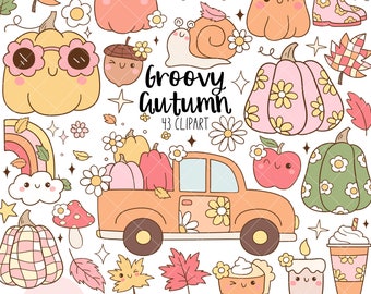Groovy autumn clipart Retro fall png Thanksgiving png Hippie flower png Floral pumpkin spice Leaves fall Vintage fall png Autumn gift png