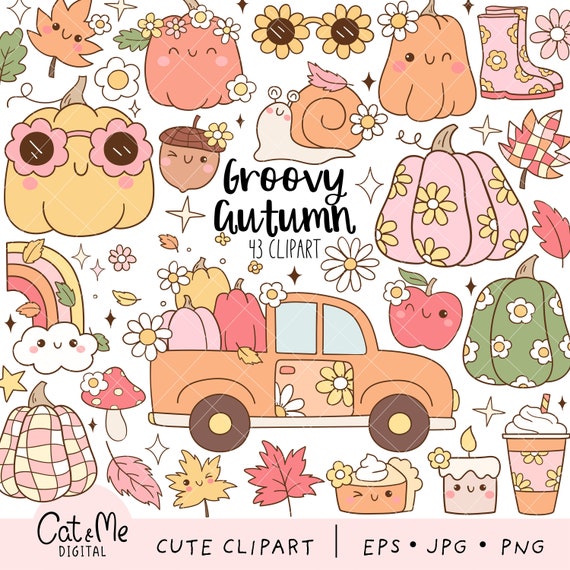 Groovy autumn clipart Retro fall png Thanksgiving png Hippie flower png Floral pumpkin spice Leaves fall Vintage fall png Autumn gift png