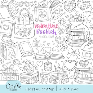 May include: A set of 43 black and white digital stamps featuring a Valentine's Day theme with books, hearts, candles, and a cat wearing glasses. The text "Valentine Bookish" is included in the image.