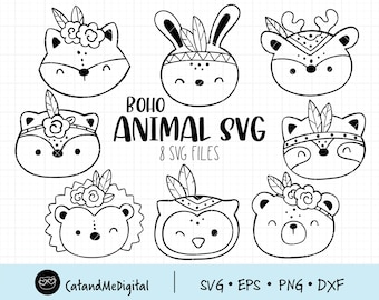 Boho animals svg Animal face clipart Woodland animals Bohemian animals svg Outline animal svg Bear Deer Owl Fox Dxf cut file