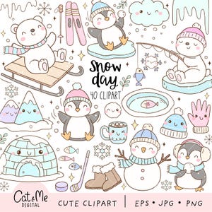 雪の日のクリップアート、心地よい冬、クリスマス png、冬のもの、雪の降る冬、ペンギン、北極の動物、ホッキョクグマ、クリスマスのクリップアート