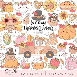 May include: A set of 44 Thanksgiving-themed clipart images featuring cute, cartoon characters. The images include turkeys, pumpkins, gourds, leaves, a pickup truck, a heart, a sunflower, a pie, a candle, a cup of hot cocoa, an apple, and more. The images are in a variety of colors, including orange, yellow, brown, green, and pink. The text "Groovy Thanksgiving" and "44 Clipart" is included in the image.