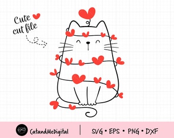 Gato Dia dos Namorados com coração SVG Dia dos Namorados gato svg Dia dos Namorados clipart Amantes de gatos Gato Kawaii svg Gato clipart Amor svg para Cricut SVG DXF
