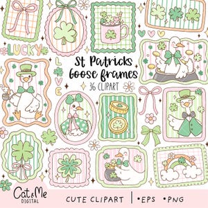 Puede incluir: Una colección de imágenes prediseñadas con temática del Día de San Patricio que presenta gansos de dibujos animados, tréboles y monedas de oro. Los diseños están en colores pastel de verde, rosa y blanco, con el texto "St Patricks goose frames" y "36 clipart".