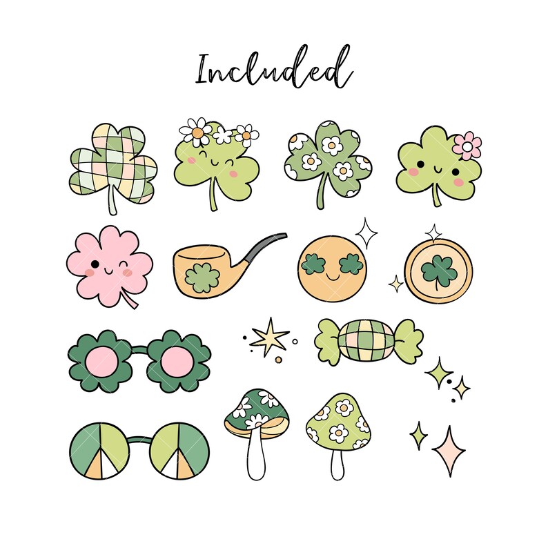 May include: A collection of whimsical, cartoon-style illustrations featuring St. Patrick's Day and retro-themed elements. Includes shamrocks, a pipe, sunglasses, mushrooms, a coin, and candy. The word "Included" is written in cursive at the top.