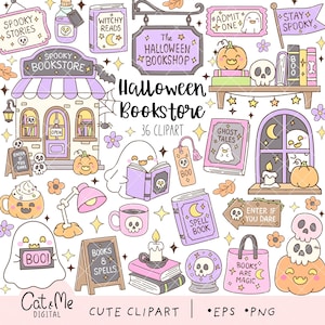 May include: A collection of Halloween-themed digital illustrations featuring a bookstore, ghosts, pumpkins, skulls, books, and signs with text including Spooky Stories, Witchy Reads, The Halloween Bookshop, Admit One, Stay Spooky, Boo, Ghost Tales, and Books Are Magic.