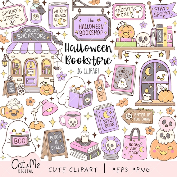 Halloween Bookstore Clipart, Ghost Bookish PNG, Book Lover, Halloween Sticker, (Digital Download)