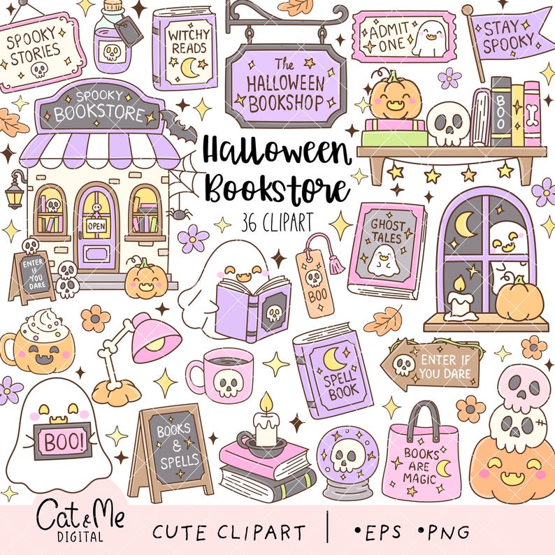 May include: A collection of Halloween-themed digital illustrations featuring a bookstore, ghosts, pumpkins, skulls, books, and signs with text including Spooky Stories, Witchy Reads, The Halloween Bookshop, Admit One, Stay Spooky, Boo, Ghost Tales, and Books Are Magic.