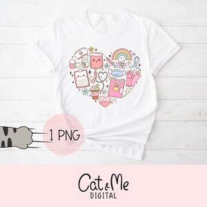 May include: White t-shirt with a pink heart design featuring various medical symbols and illustrations, including a stethoscope, syringe, bandage, and a rainbow. The text "1 PNG" is visible in the lower left corner of the image.