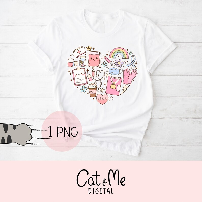 May include: White t-shirt with a pink heart design featuring various medical symbols and illustrations, including a stethoscope, syringe, bandage, and a rainbow. The text "1 PNG" is visible in the lower left corner of the image.