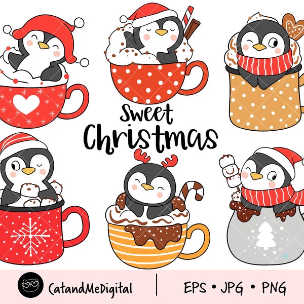 Sweet christmas clipart Penguin clipart Winter drinks Arctic animal png Bird clipart Hot chocolate Marshmallow Penguin illustration EPS PNG
