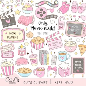 以下が含まれることがあります： ピンクやパステルカラーを基調とした映画鑑賞をテーマにしたデジタルイラスト集。フィルムリール、ポップコーン、映画チケット、テレビ、カチンコ、スナック、ドリンク、リモコン、キャンドルなどのアイコンと、Girly Movie Nightというテキストが含まれています。
