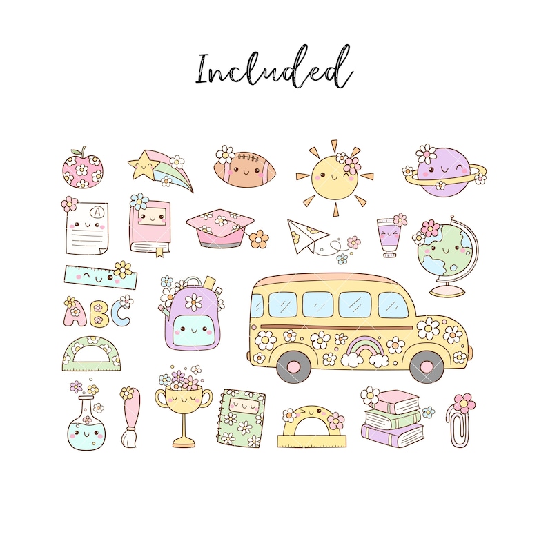 May include: A set of 19 colorful cartoon illustrations featuring school supplies, a school bus, and other objects. The illustrations are in a cute, whimsical style and are perfect for use in classroom decorations, crafts, or digital projects.
