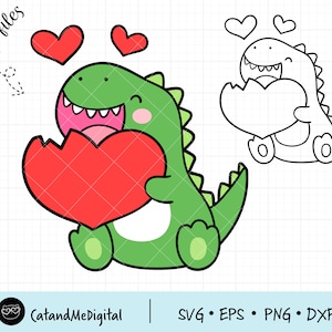 May include: A green dinosaur cartoon character holding a red heart in its mouth. The dinosaur has a toothy grin and is surrounded by small red hearts. A black and white outline of the dinosaur is also included.