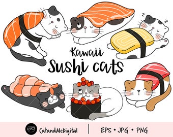 Kawaii sushi cats clipart Cat png Kitten clipart Japanese food Sushi clip art Food rolls clipart Illustration cat Cat lover Printable cat