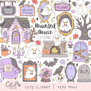 Op de afbeelding: Een verzameling van 37 digitale illustraties met een spookhuis, geesten, pompoenen, vleermuizen, schedels, grafstenen en spiegels. De afbeeldingen bevatten tekstelementen zoals Haunted House, Welcome If You Dare, Beware en R.I.P. in een pastelkleurig palet.