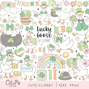 May include: A collection of cute cartoon geese in various poses, celebrating St. Patrick's Day. The geese are wearing green bow ties, hats, and vests, and are surrounded by shamrocks, rainbows, and pots of gold. The text "Lucky Goose 42 Clipart" is also included.