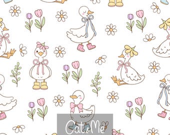 Patrón sin costuras de ganso coqueto de primavera. Ganso vintage sin costuras. Patrón repetido de ganso de primavera. Patrón de tela de patos. Papel digital floral de ganso.