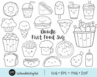 Doodle fast food svg Food svg Junk food svg Party food svg Friendship clipart Hot dog Ice cream Fries Hamburger Taco Cookie Coloring svg